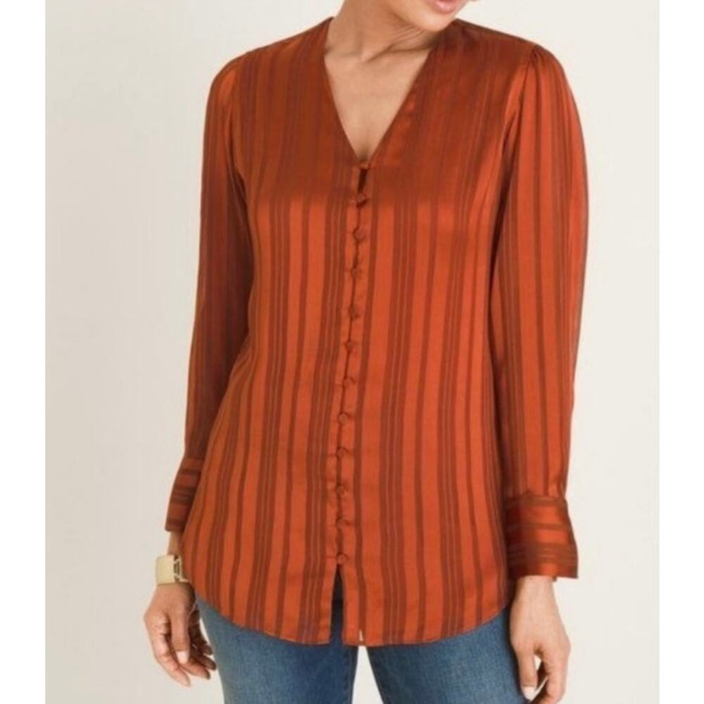 Chicos Blouse Womens Medium Bow Shadow Stripe Top Satin Terracotta Rust Sz 1 NWT - Picture 2 of 13